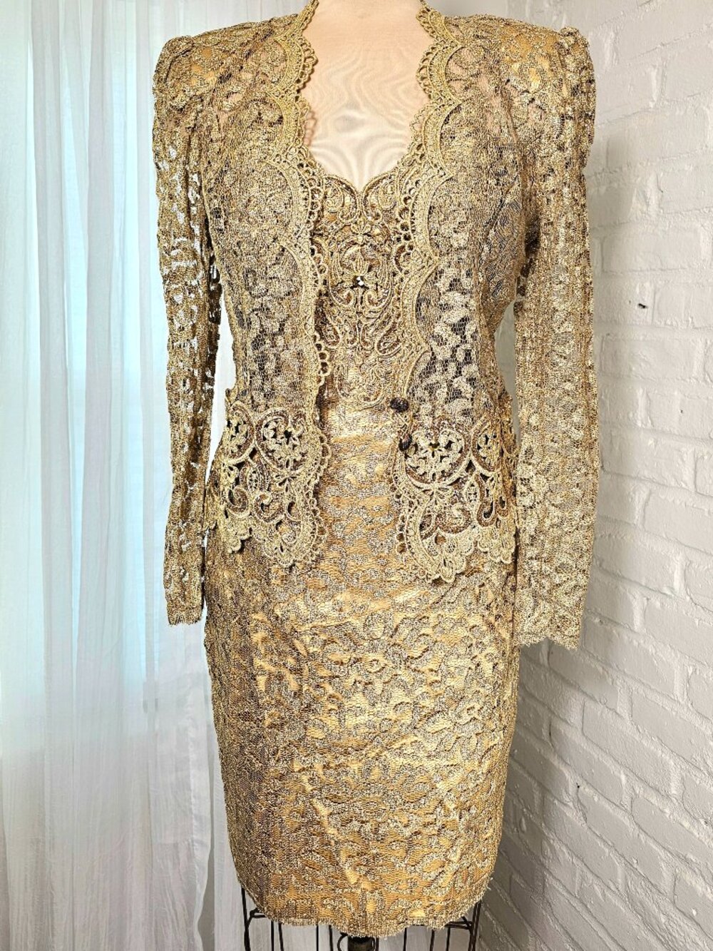 Vintage Jessica McClintock Gold Lace Dress Set Formal Evening Dress US 4